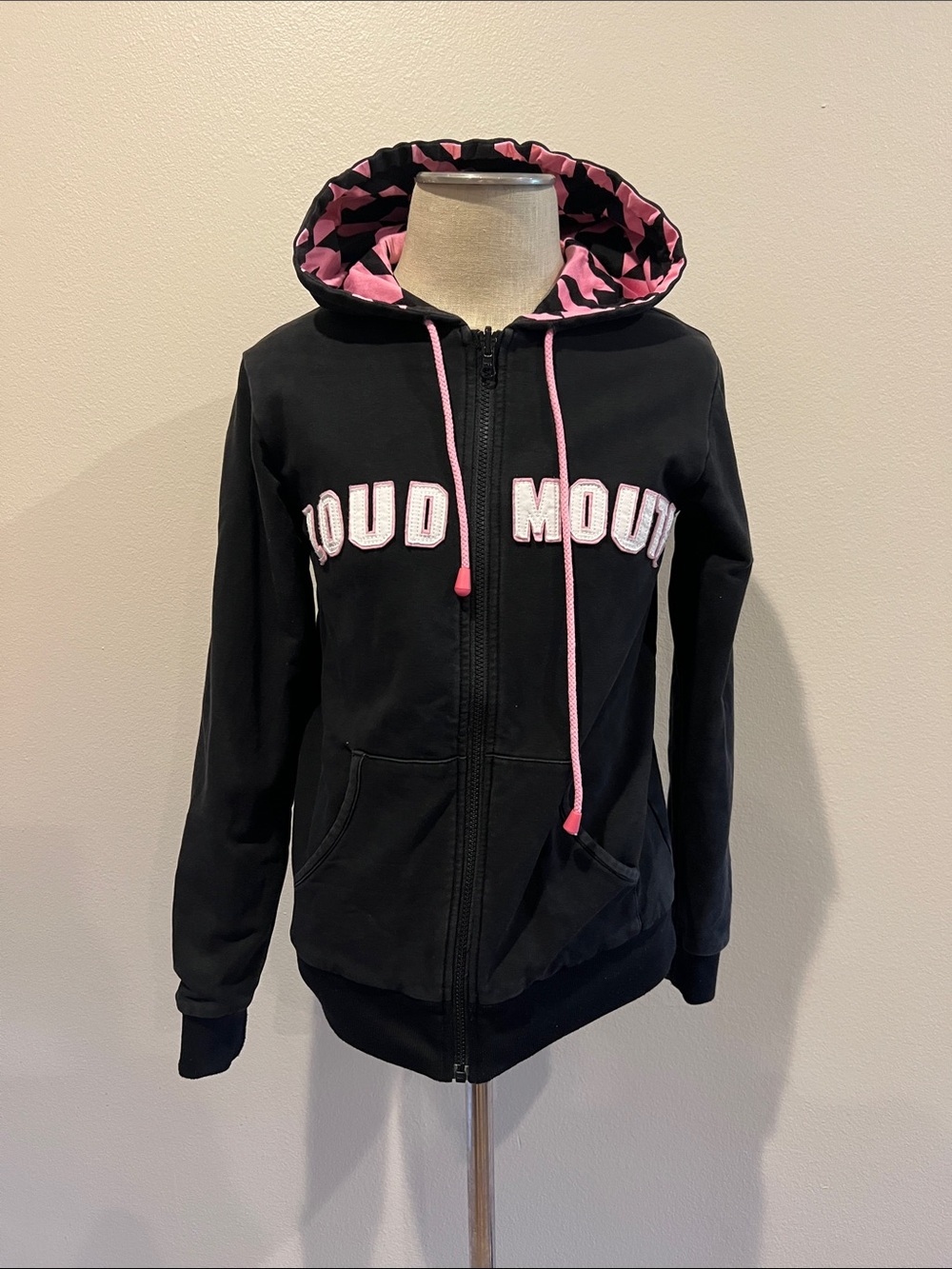 Loudmouth Black Zip-Up Hoodie with Pink Houndstooth Design